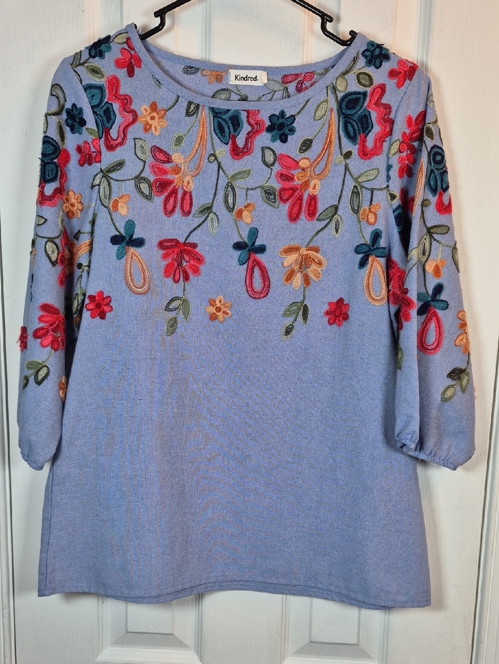 Anthropologie Kindred Embroidered Folk Peasant Blouse Denim Blue Boho S